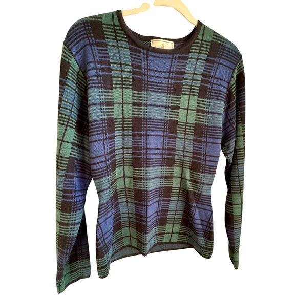 VTG Express Tricot Plaid Tartan Wool Blend Sweater Black Blue Green Sz L 90s - Picture 1 of 5